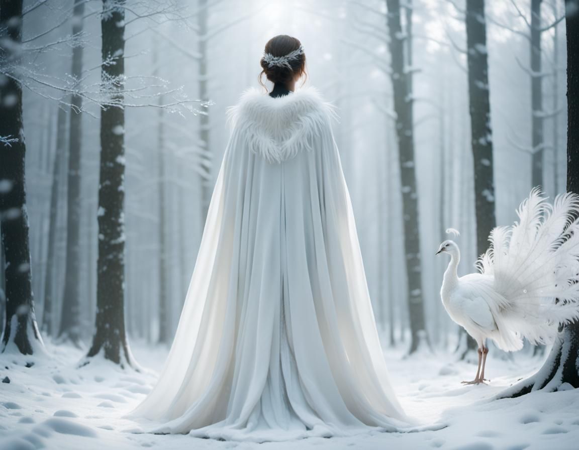 Woman in White Cloak in Snowy Forest
