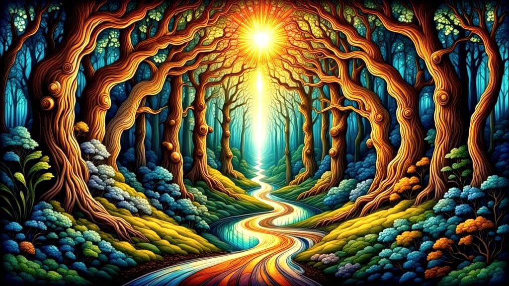 Wooden Kaleidoscope in Sunlit Forest, Stained Glass Style