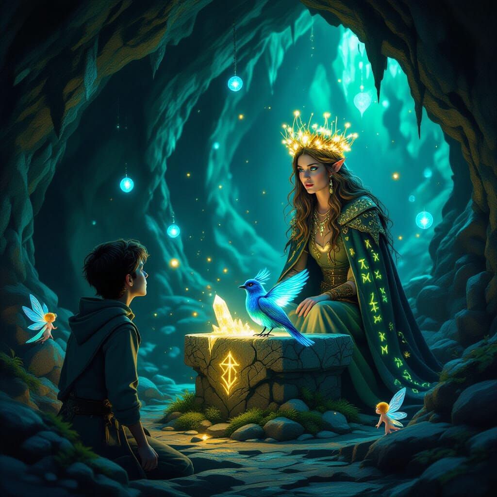 Young Man's Hope Before Witch's Spell in Bioluminescent Cave