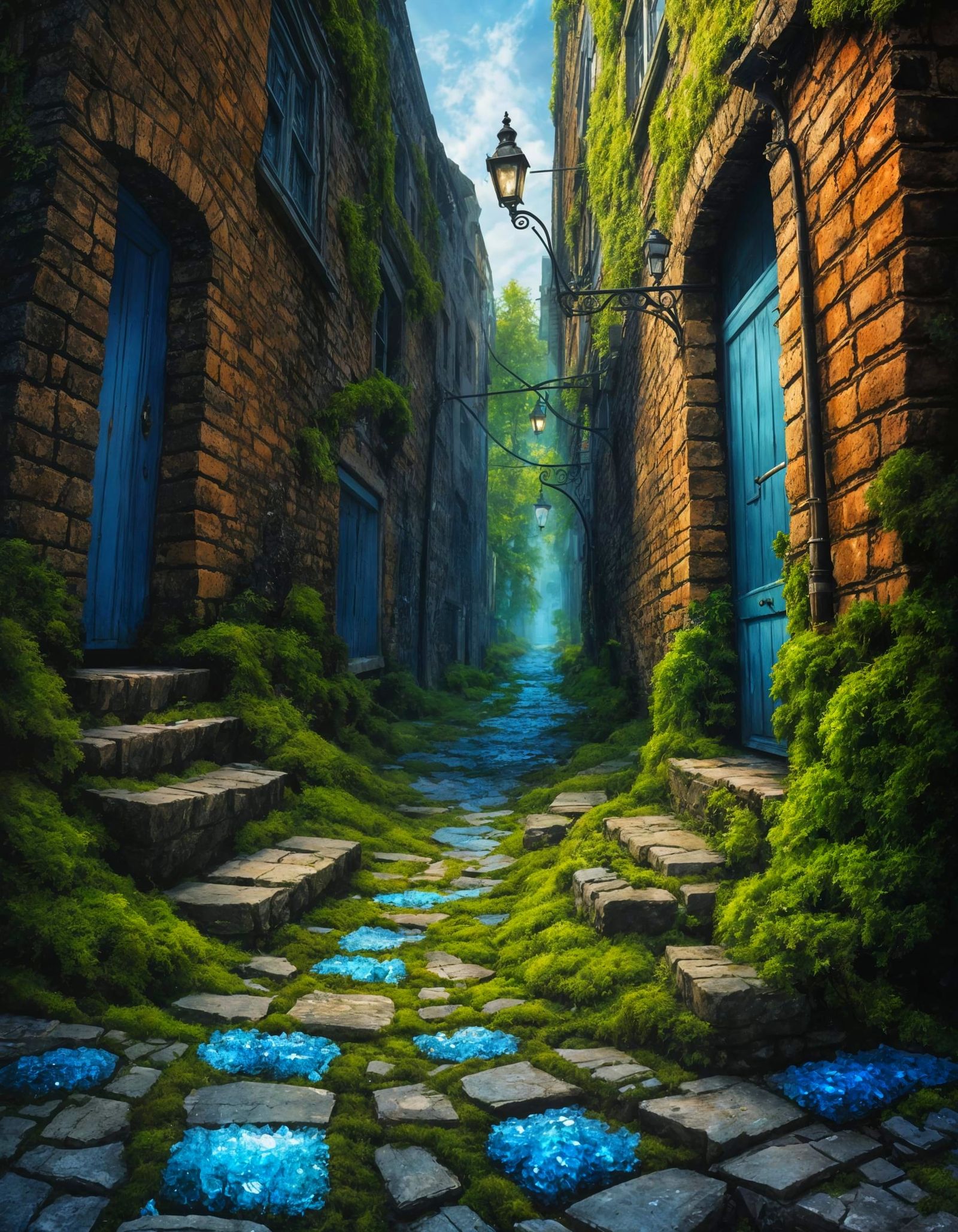 Enchanted Alleyway: Moss and Crystals in Urban Setting