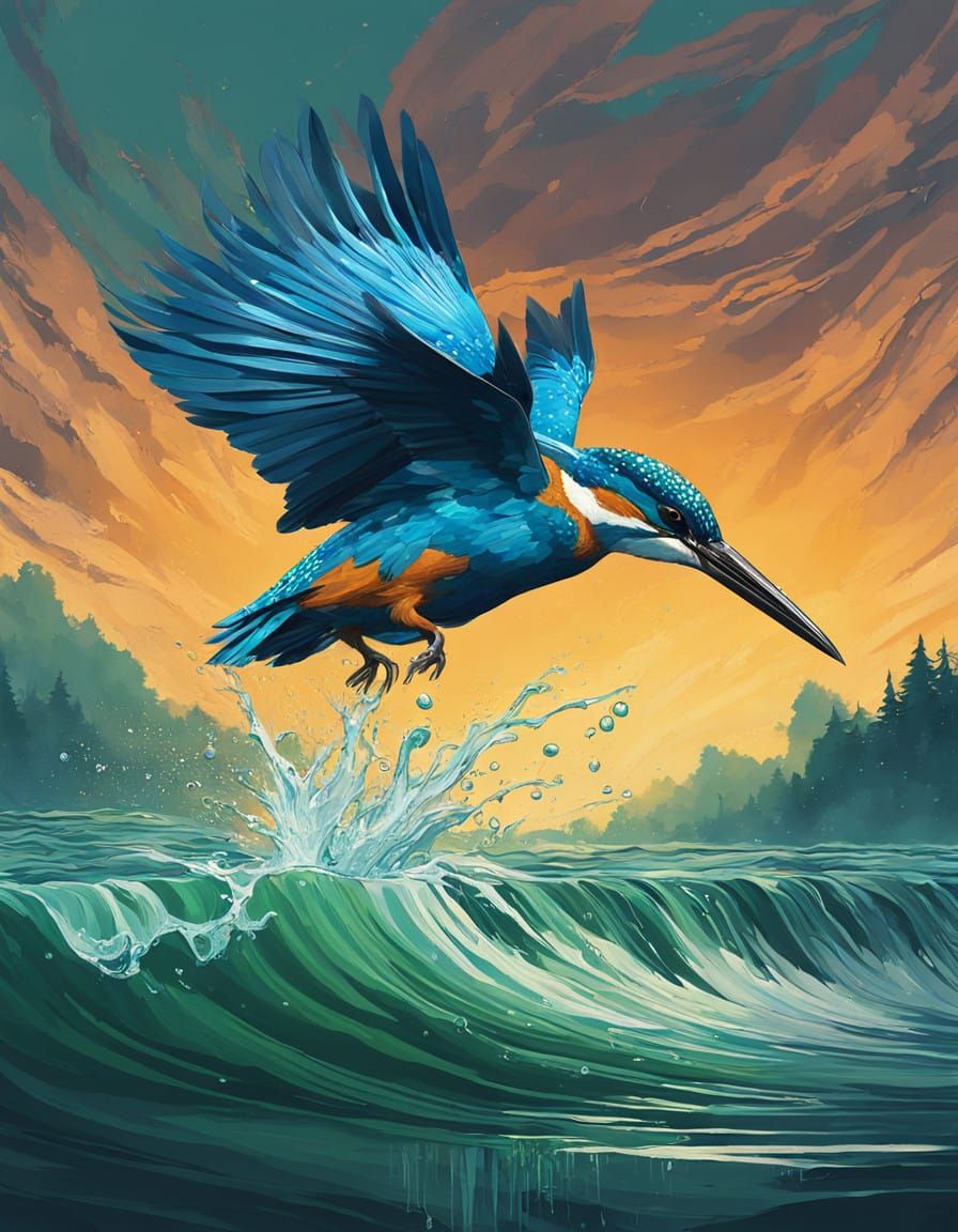 Vibrant Kingfisher in Mid-Dive, Radiant Water, and Shimmerin...