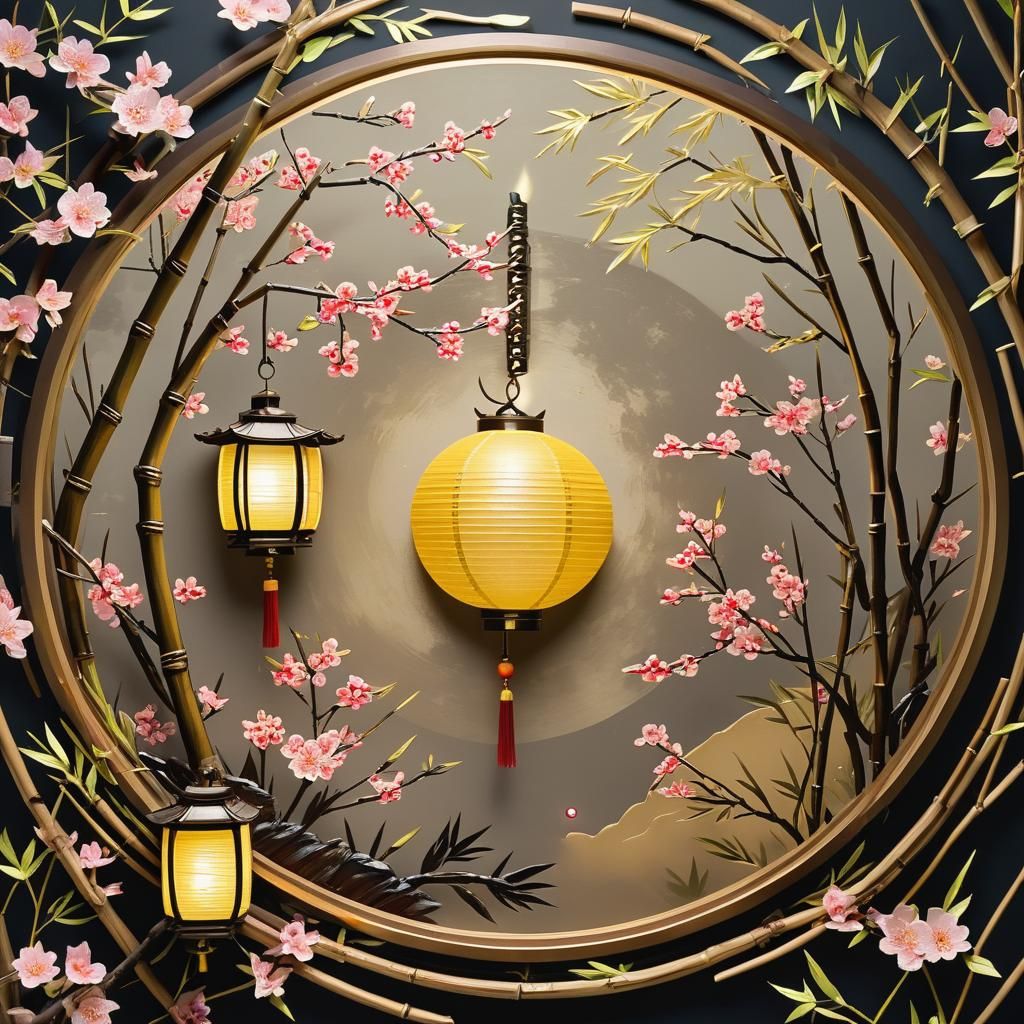Moonlit Asian Garden with Lantern and Bamboo