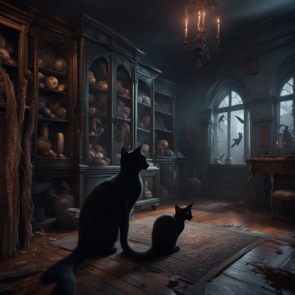 A haunted house with ghostly black cats prowling around, their tails raised in anticipation