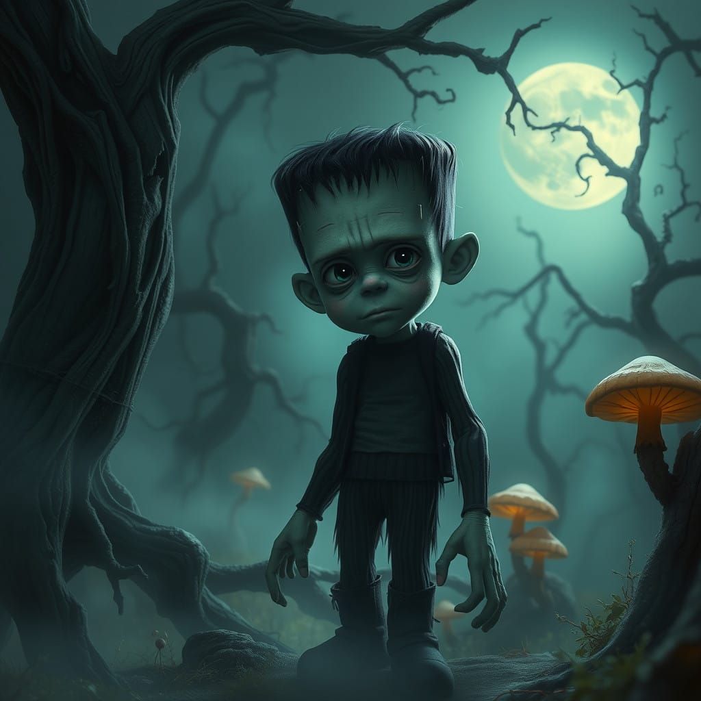 Frankenstein's Monster in a Haunting, Misty Forest