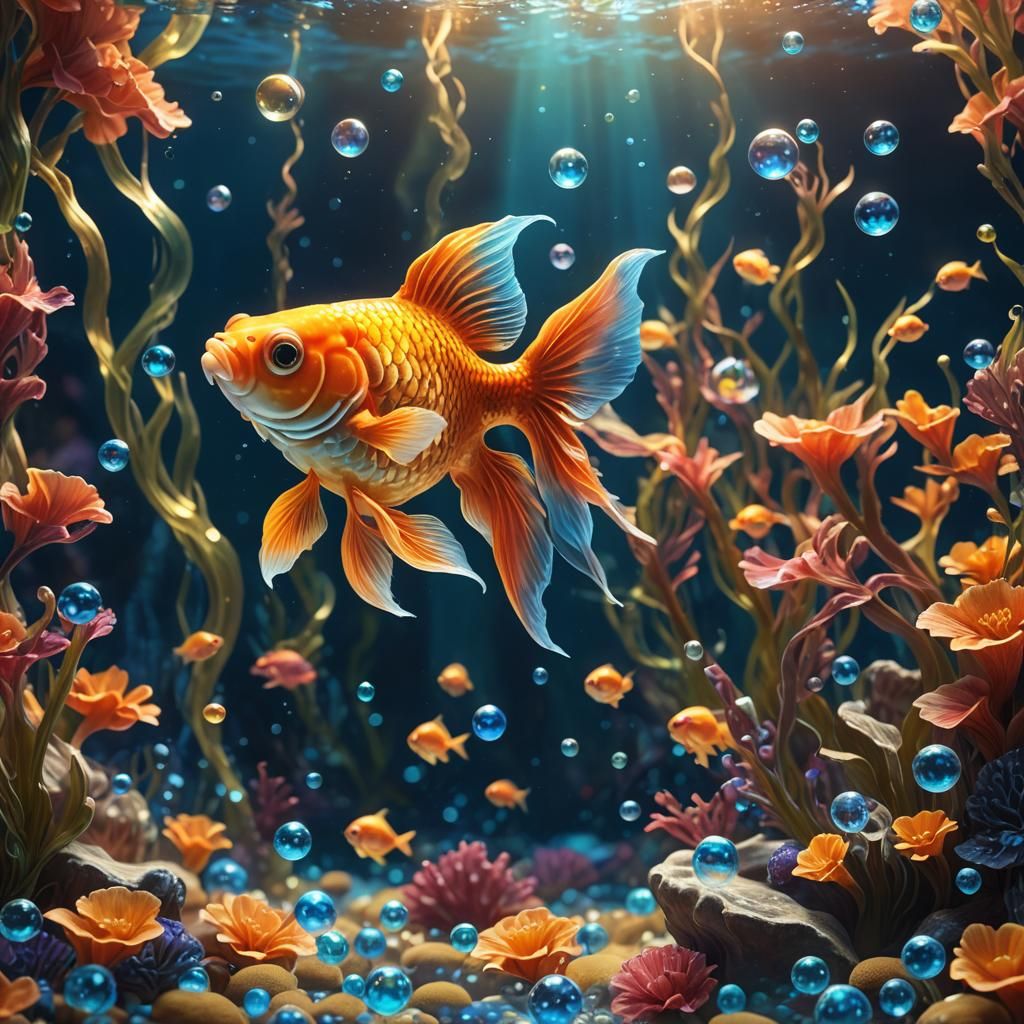 Cute Goldfish in Glowing Aquarium, Fantasy Concept Art