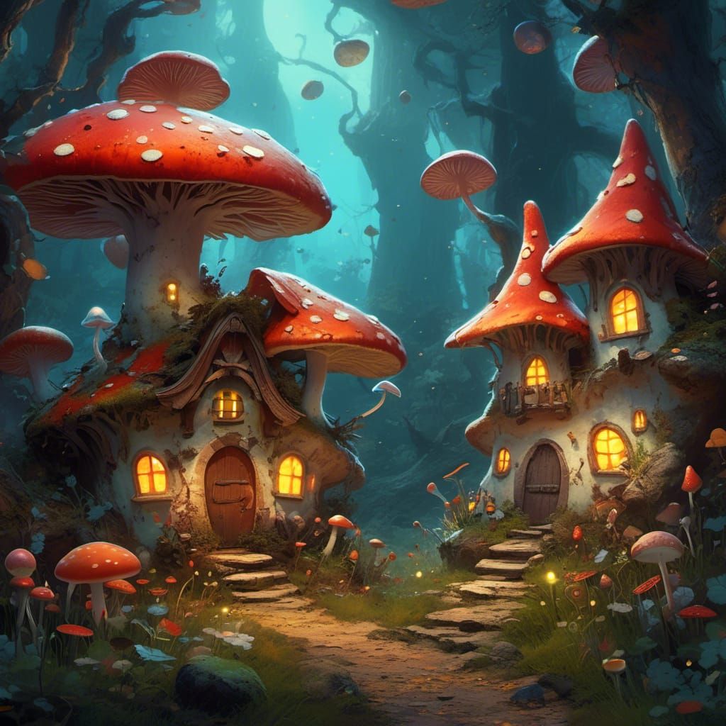 Fantasy Mushroom Village at Night in Candy Art Style