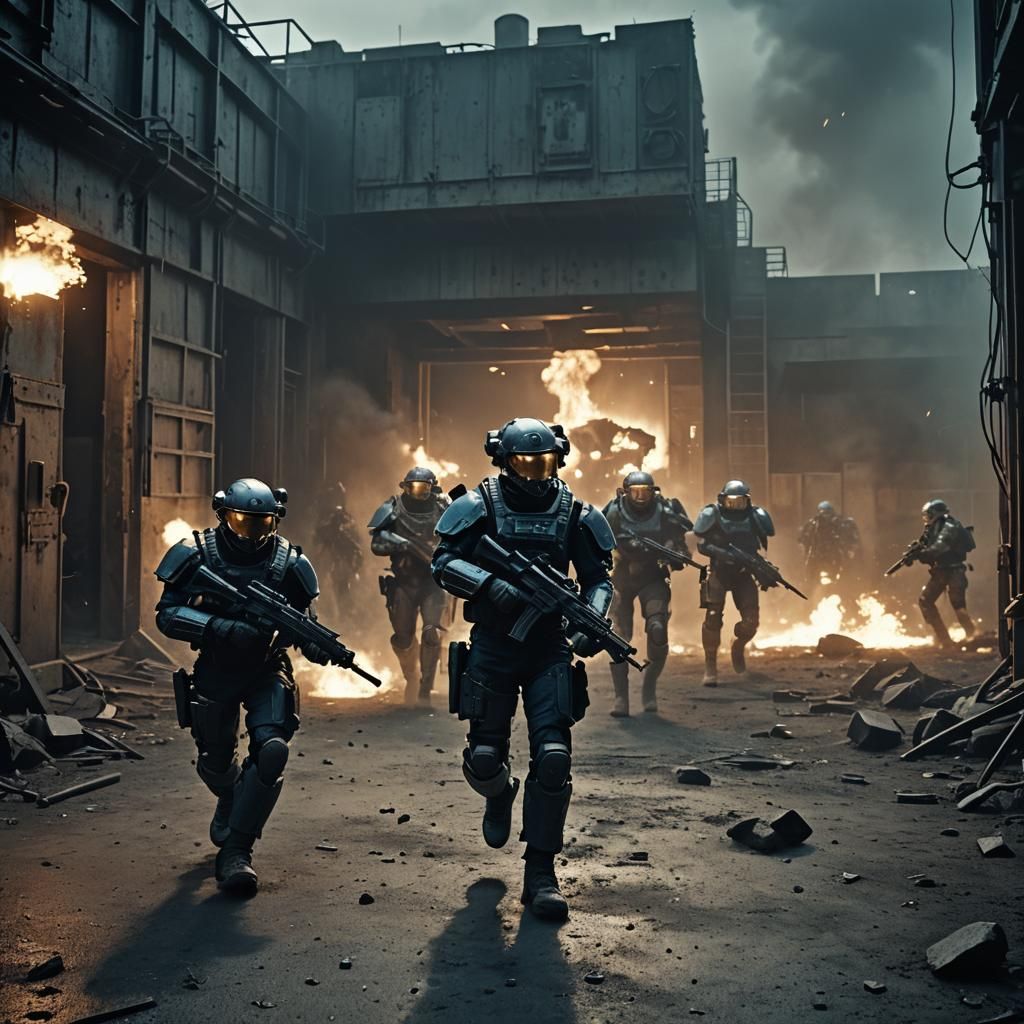 Cinematic Film Still of Tactical Marines Breaching Facility