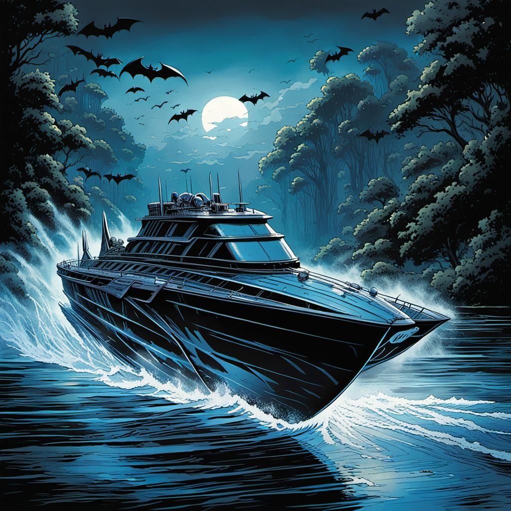 High-Tech Bat-Boat in Comic Book Art Style