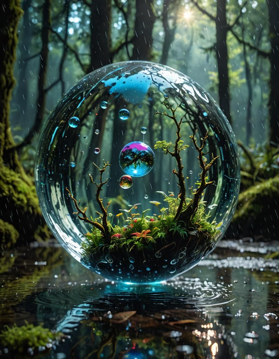 Cosmic Nebulae Reflected in Raindrop, Double Exposure