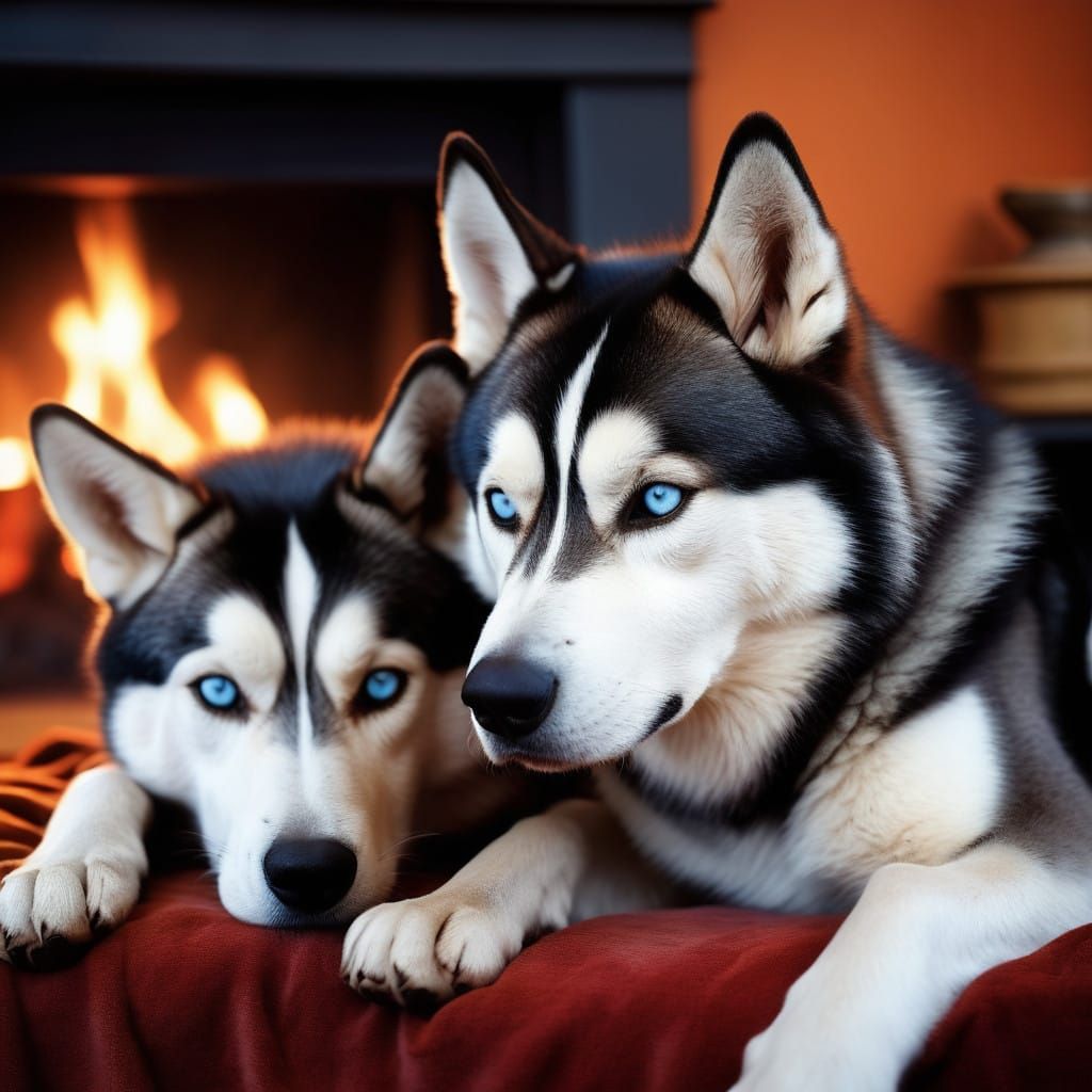 Siberian Huskies Snuggle by Christmas Fire