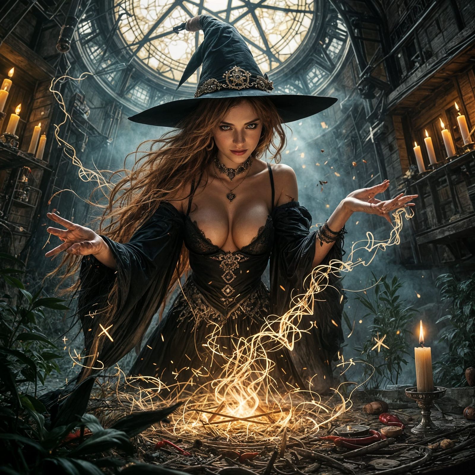 Witch Casting Spell in Sinister Temple, Fantasy Art