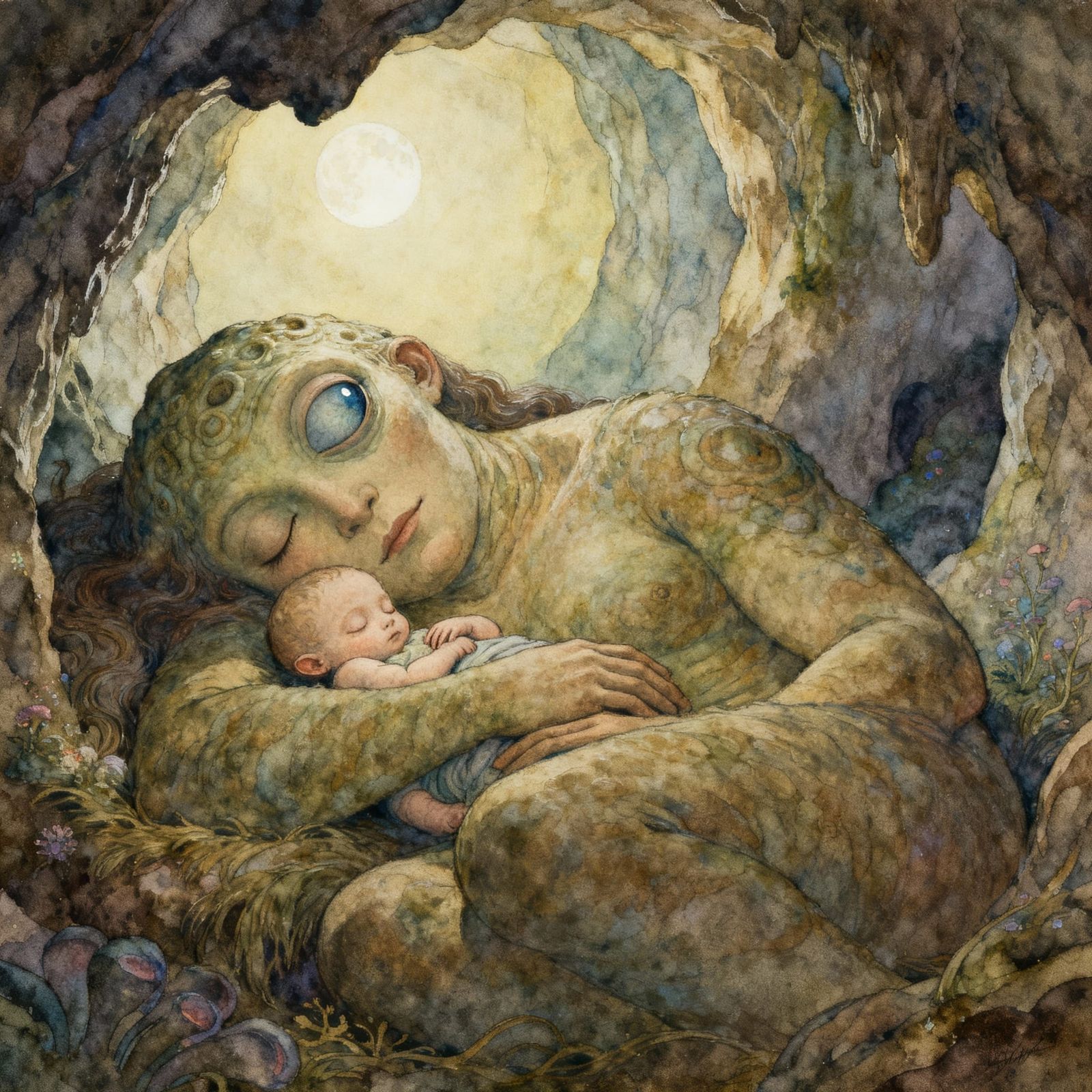 Giant Cyclops Mother Cradles Baby in Magical Cavern