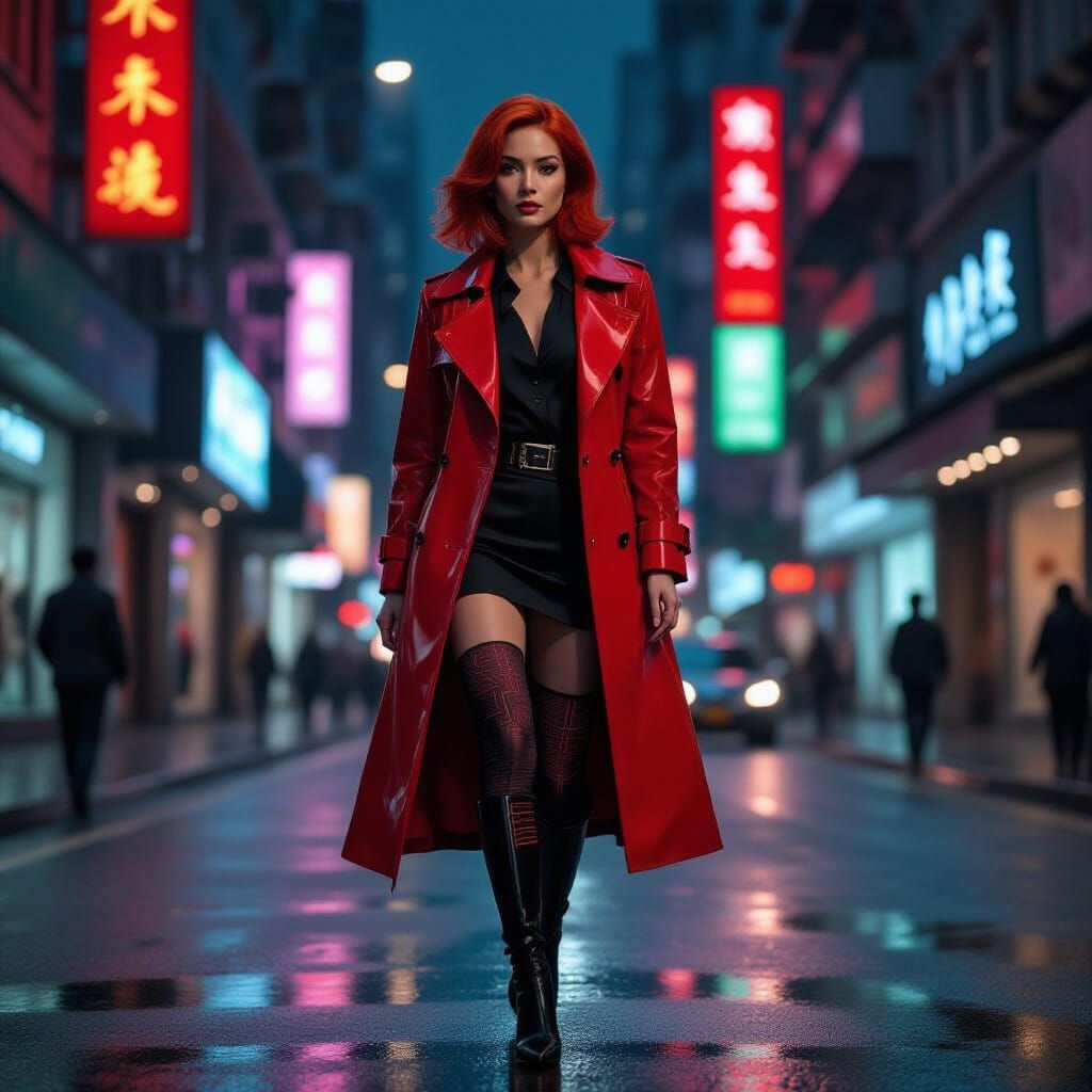 Woman with Red Hair in Futuristic Hong Kong Street