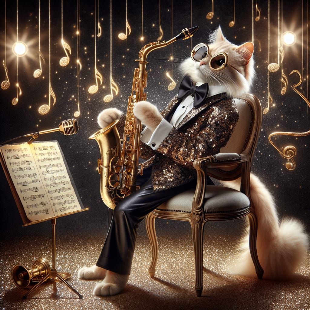 Cat Saxophonist in Golden Tuxedo: Whimsical Jazz Scene