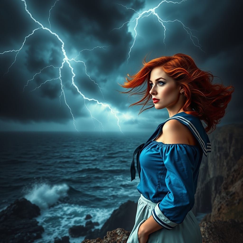 Romantic Pin-Up Woman on Stormy Cliff Overlooking Dramatic S...