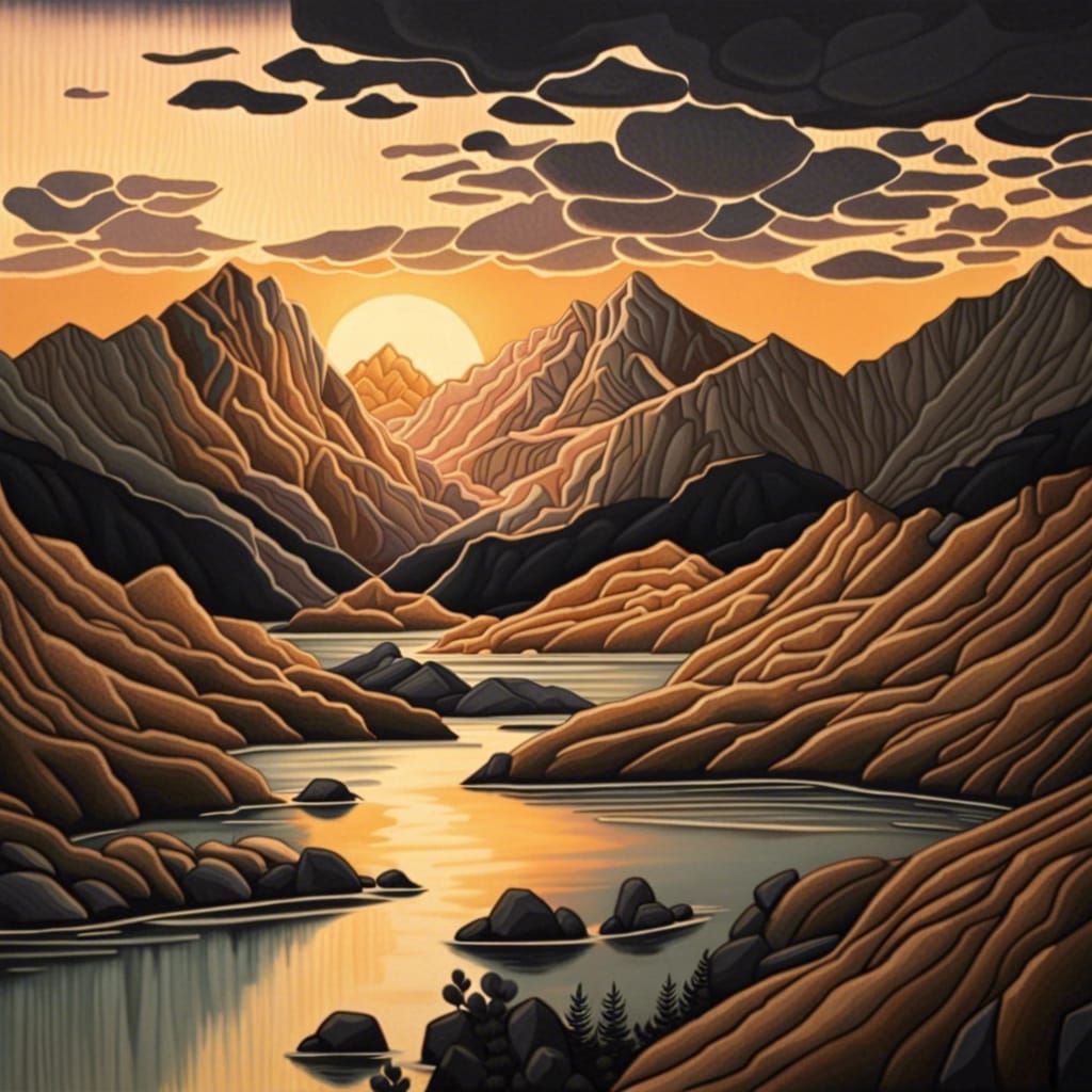 Sunrise Over Mountain Range in Hyperrealism Style