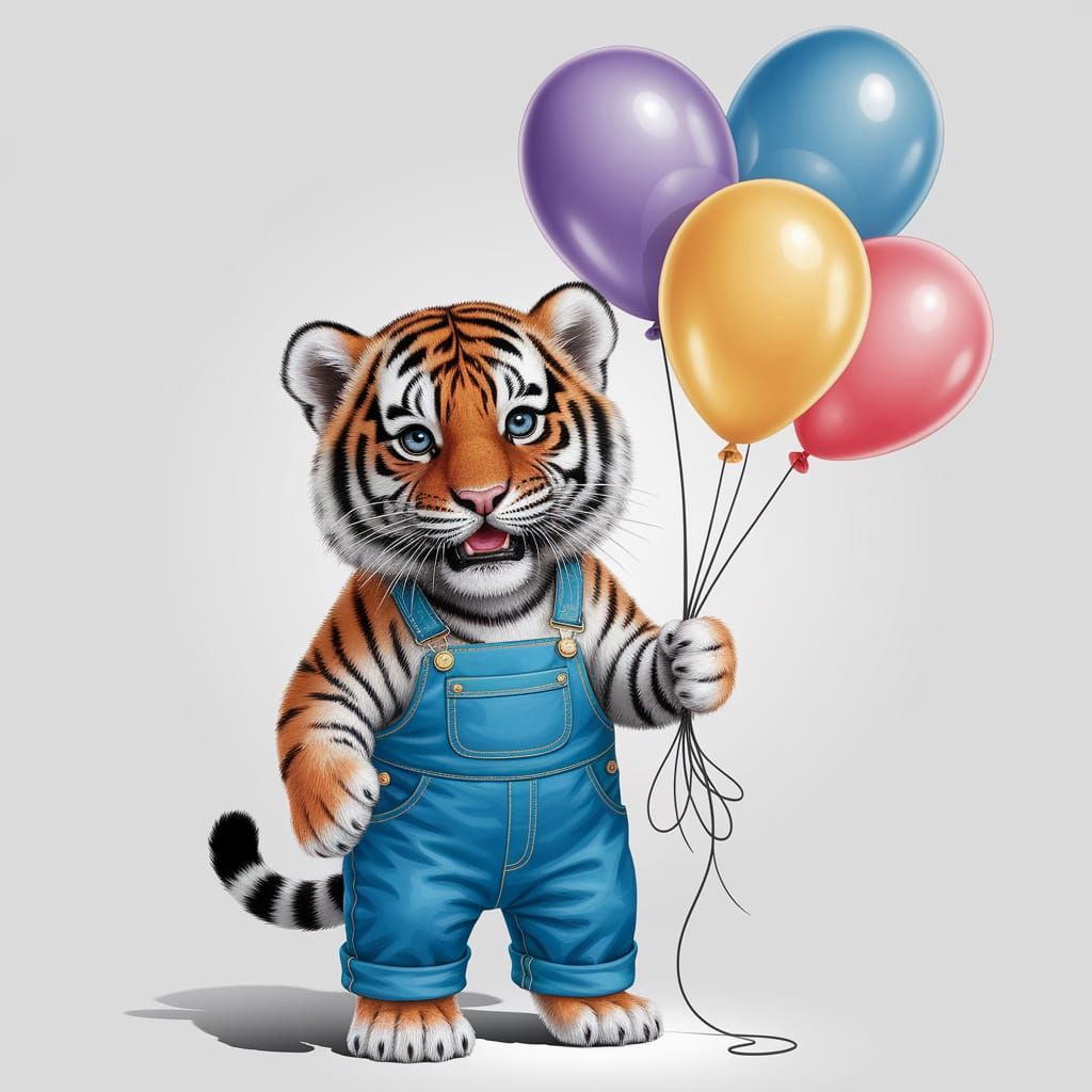 Cheerful Baby Tiger with Balloons in Hyperrealistic Style