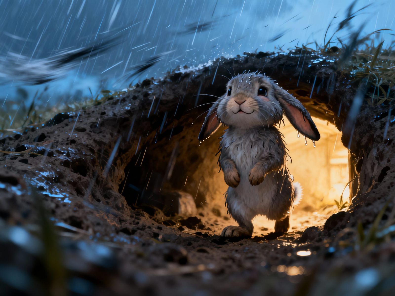 Triumphant Rabbit Returns Home Amidst Storm
