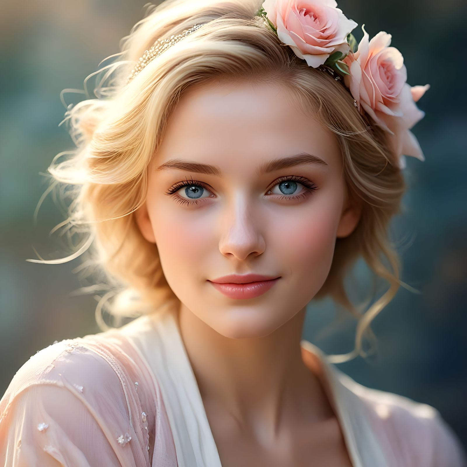 Beautiful Blonde Woman Smiling with Blue Eyes and Long Eyela...