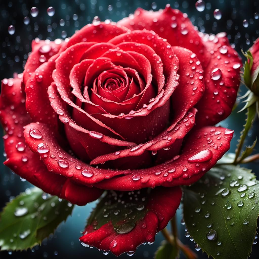 Hyperrealistic Red Rose with Dewdrops on Wood