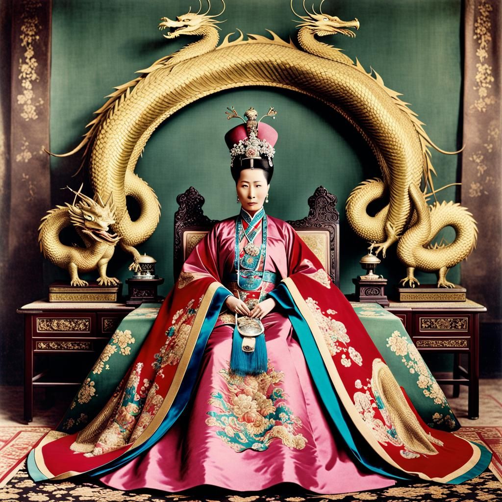 Empress Dowager Cixi with Dragon, Colorized Vintage Photogra...