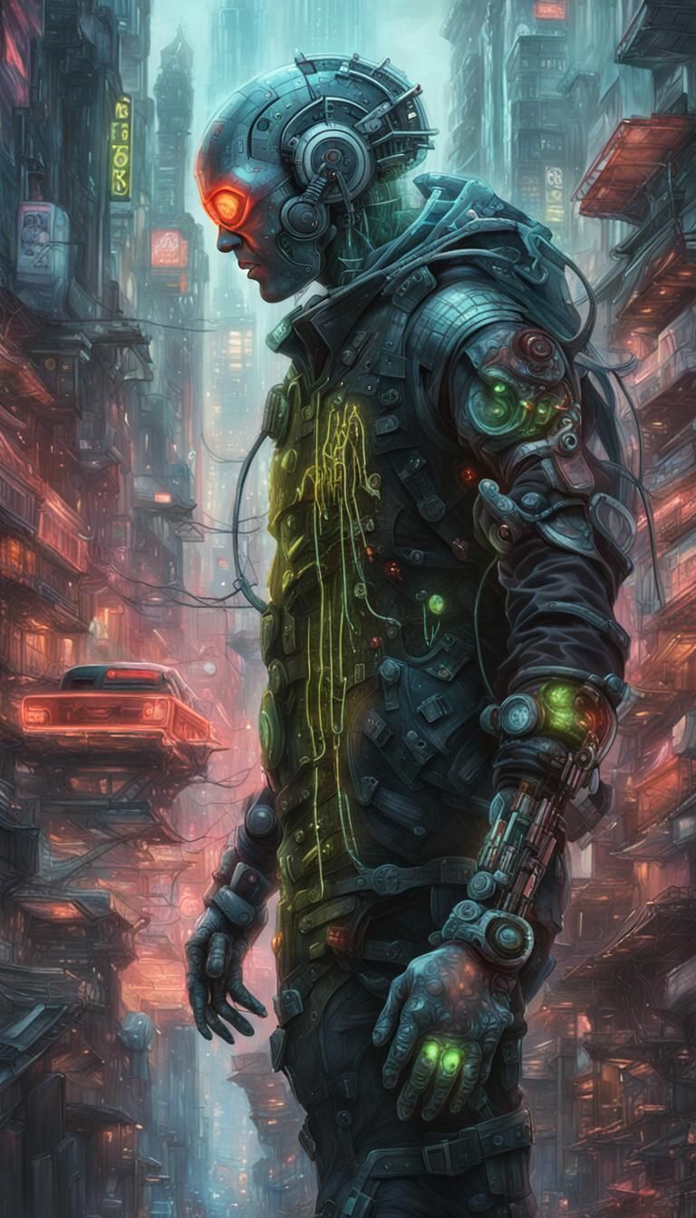 Surreal Cyborg Speeds Through a Neon-Lit Cyberpunk Metropoli...