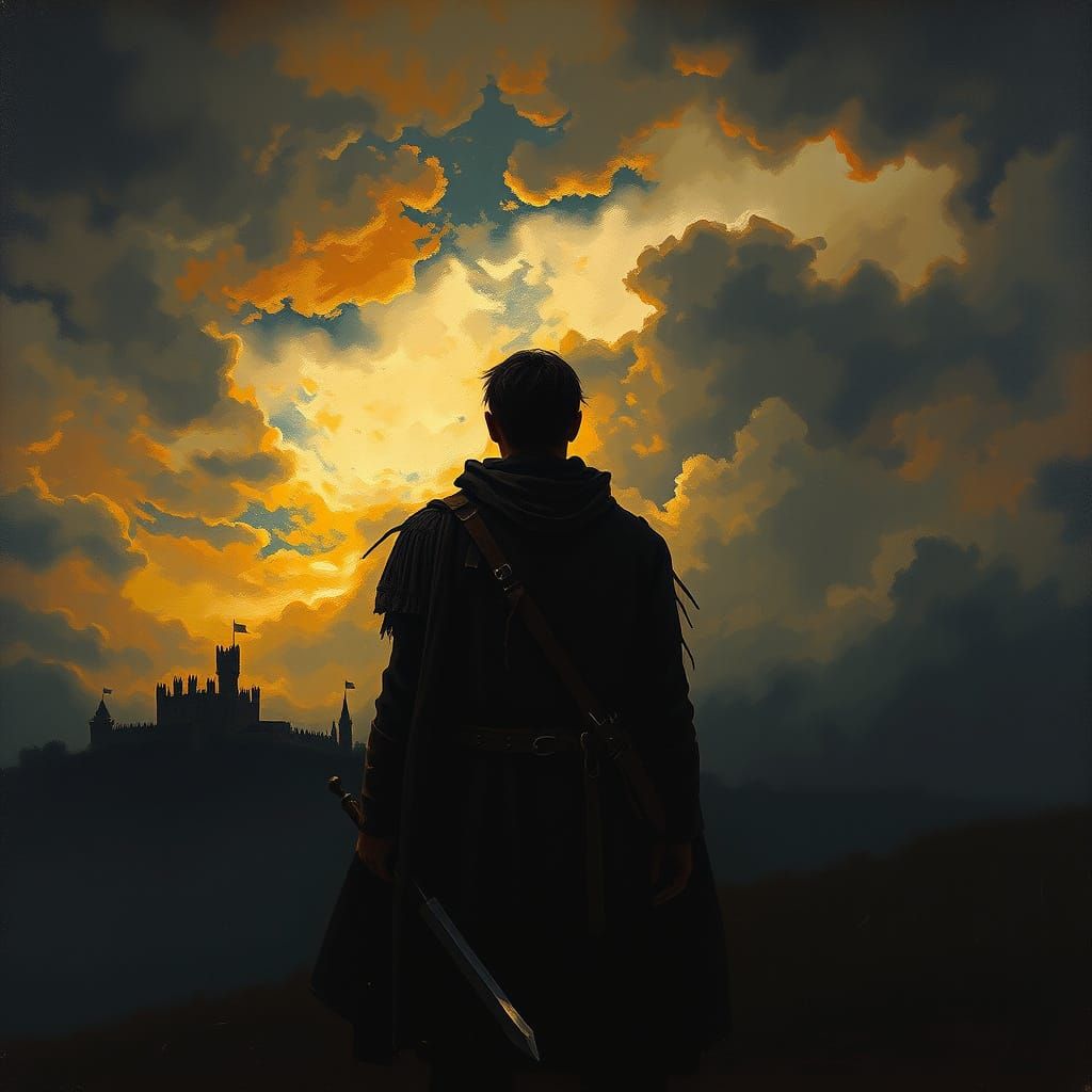 Weary Soldier Silhouetted Against Stormy Sky