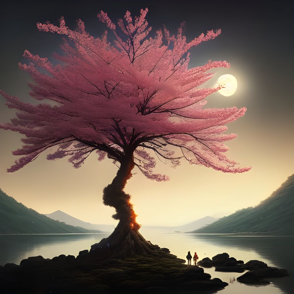 Luminous Sakura Tree Under a Full Moon