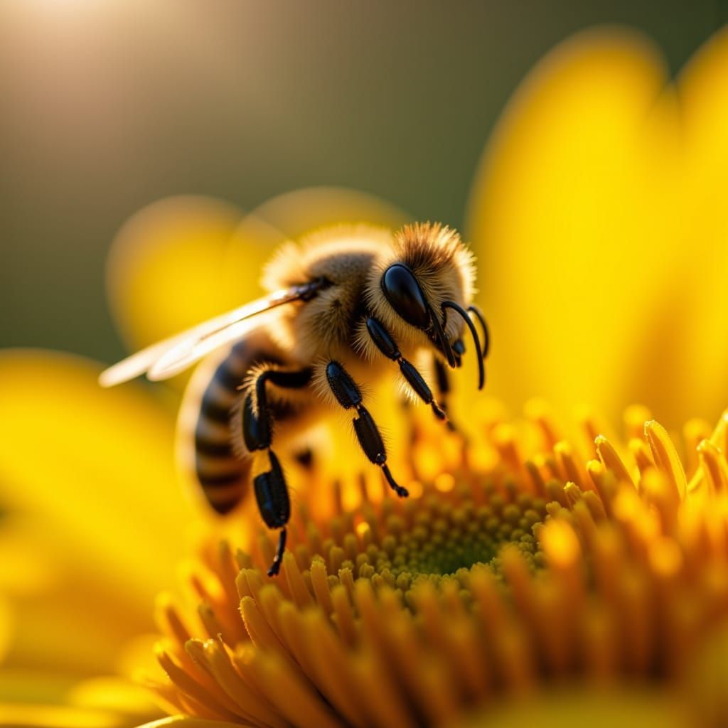 Macro Photo of Bee on Sunflower in Golden Light