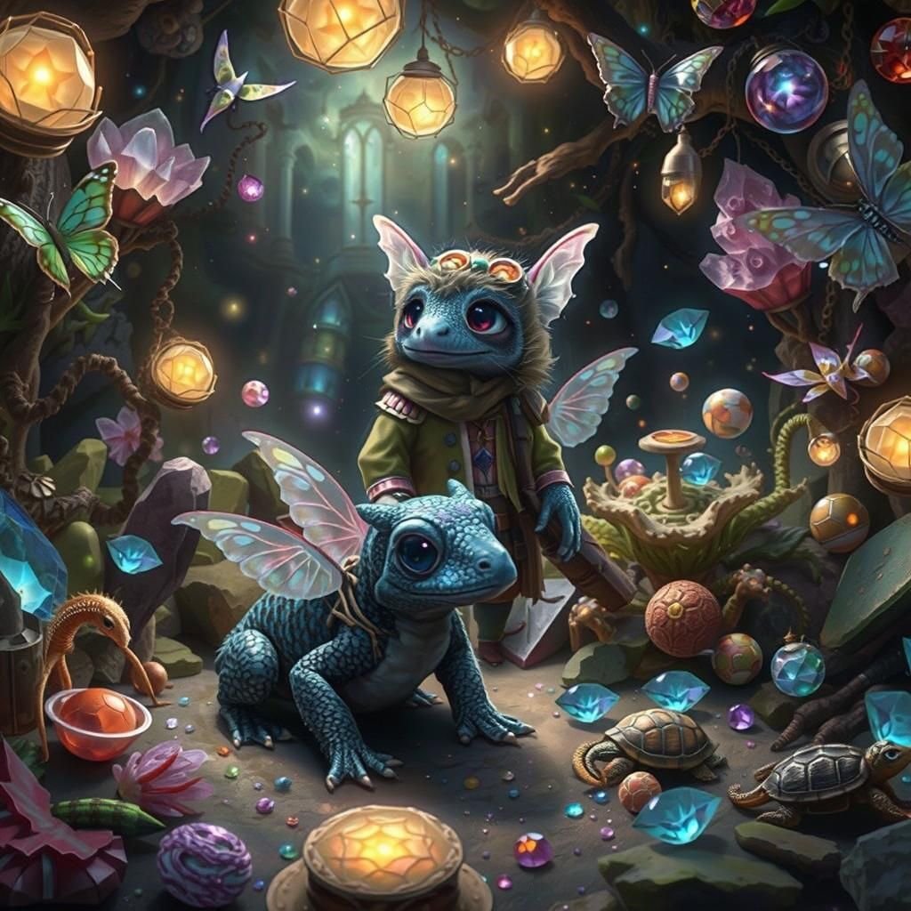 Crystal Cavern Treasure Trove with Bioluminescent Creatures