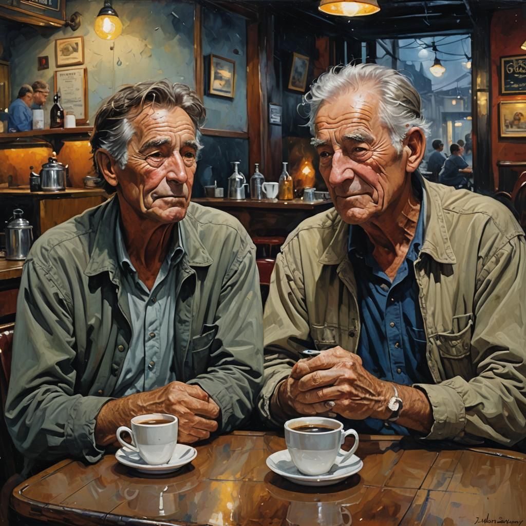 Friends Reunited in Cafe, Oil Painting