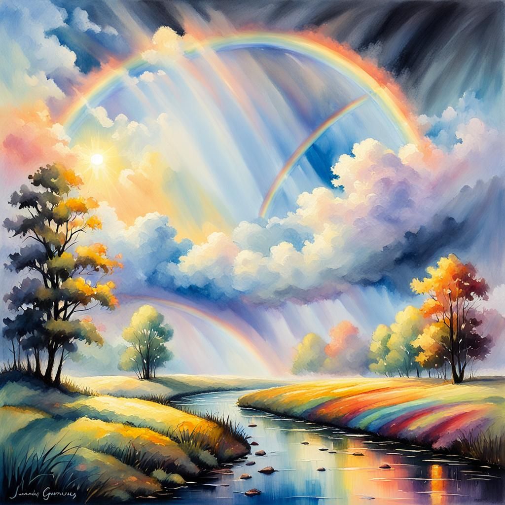 Rainbow in Impressionist Oil Painting with Watercolor Clouds