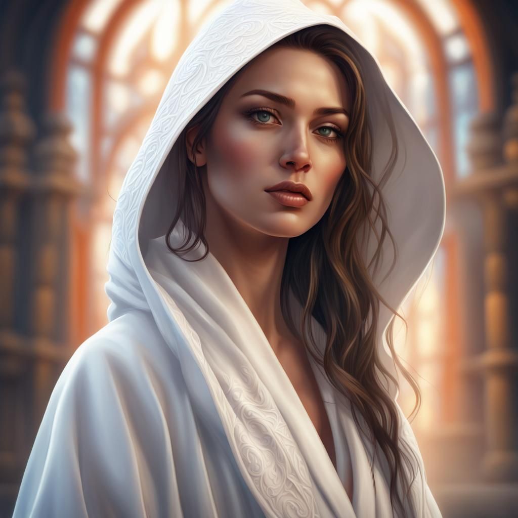 Radiant Woman in White Robe: Digital Art Portrait