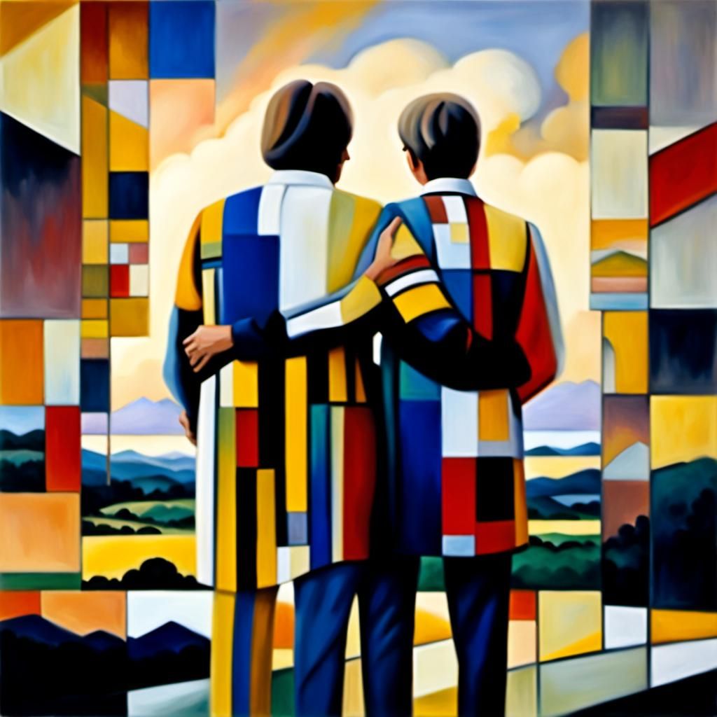 Geometric Embrace: A Vibrant Expressionist Oil Painting