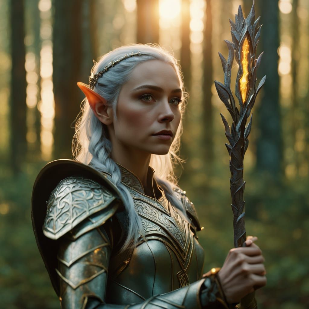 Female Elf in Glowing Forest at Sunset