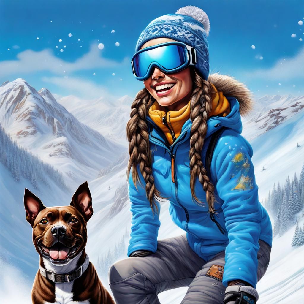 Snowboarder with Staffy on Australian Powder Day