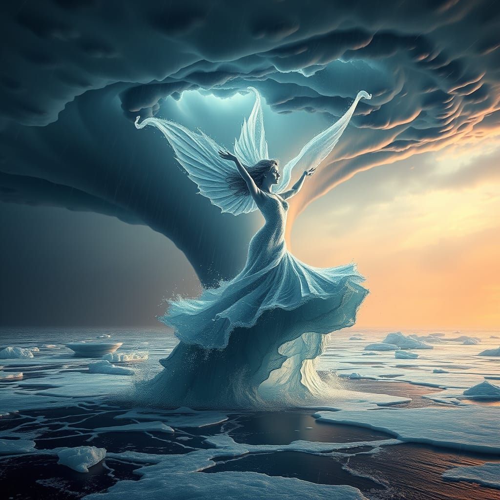 Angelic Ice Woman Dancing in Tornado