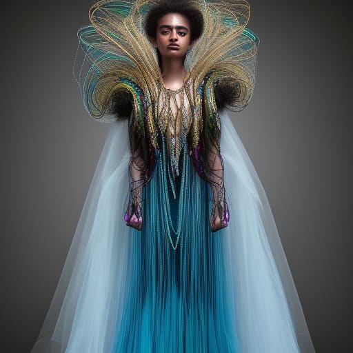 Ethereal Androgynous Figure in Jewel-Toned Gown