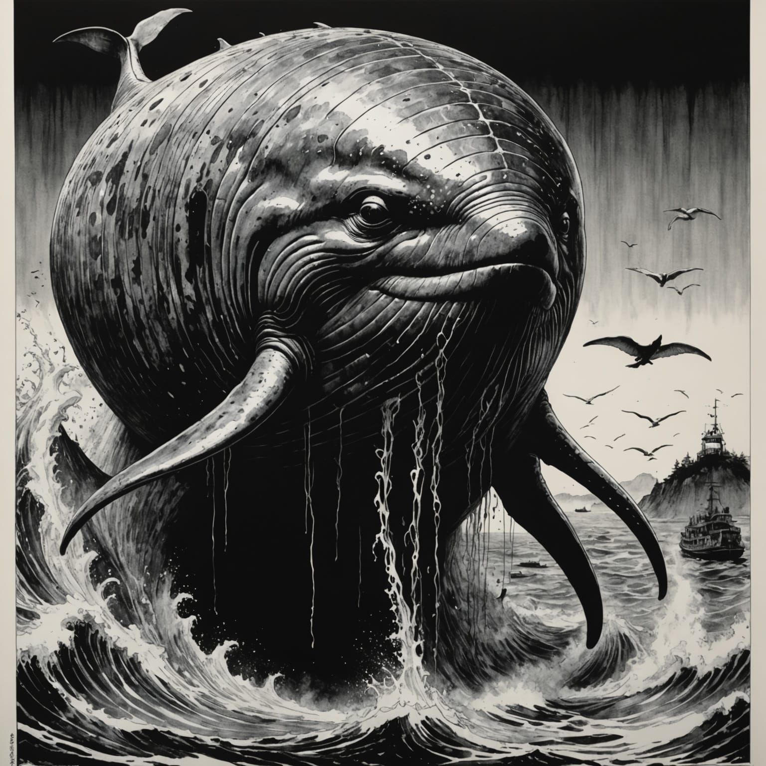 Horror Whale Manga Art in Detailed Ink Style