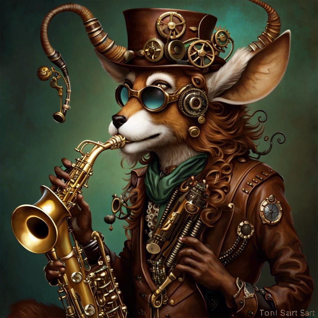 Steampunk Faun Plays Saxophone with Humor