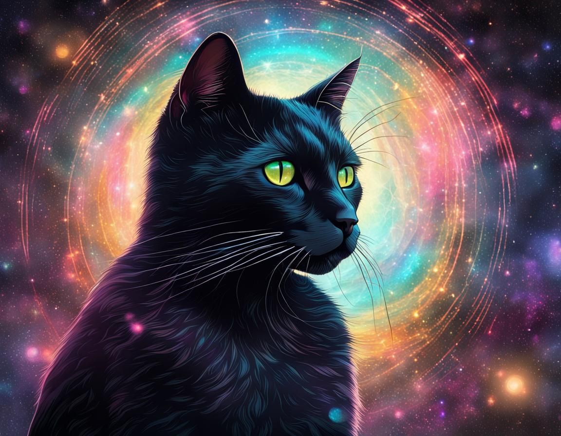 Black Cat in Atmospheric Lighting, Astral Illustration