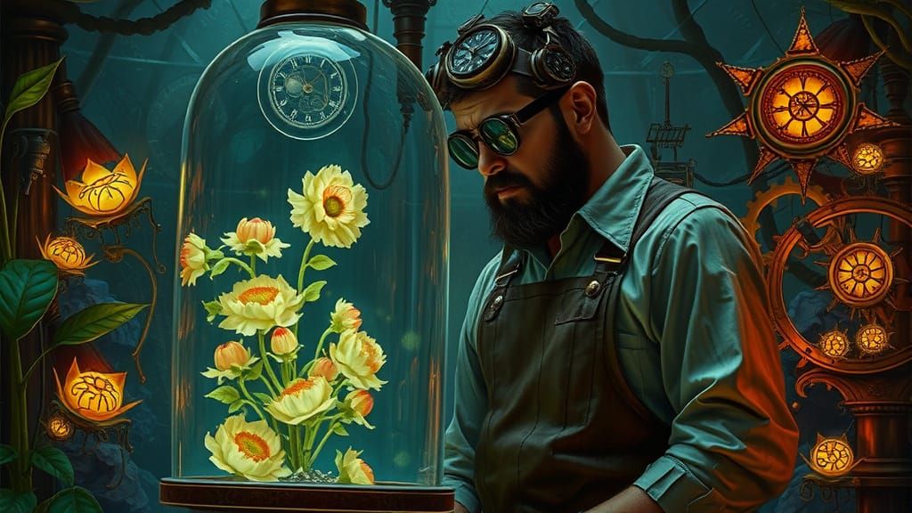 Steampunk Botanist and Bioluminescent Garden
