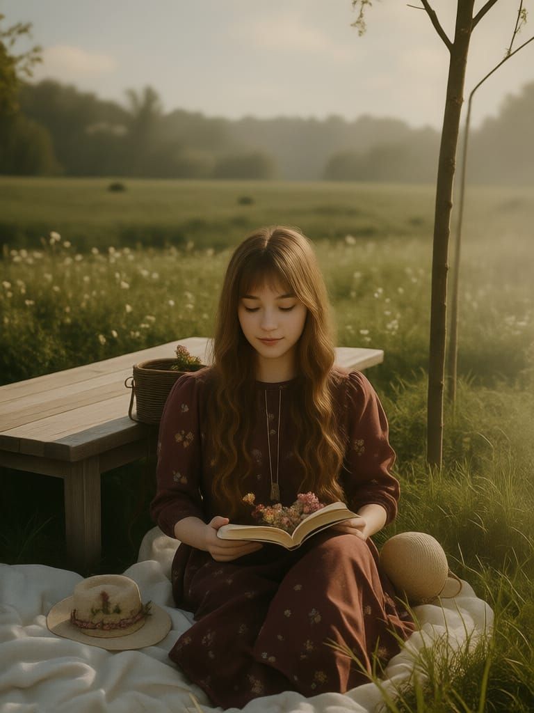 Young Woman Reading in Golden Hour Sunlight