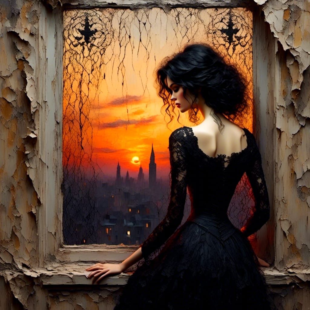 Sad Gothic Girl in Black Lace: Impasto Painting