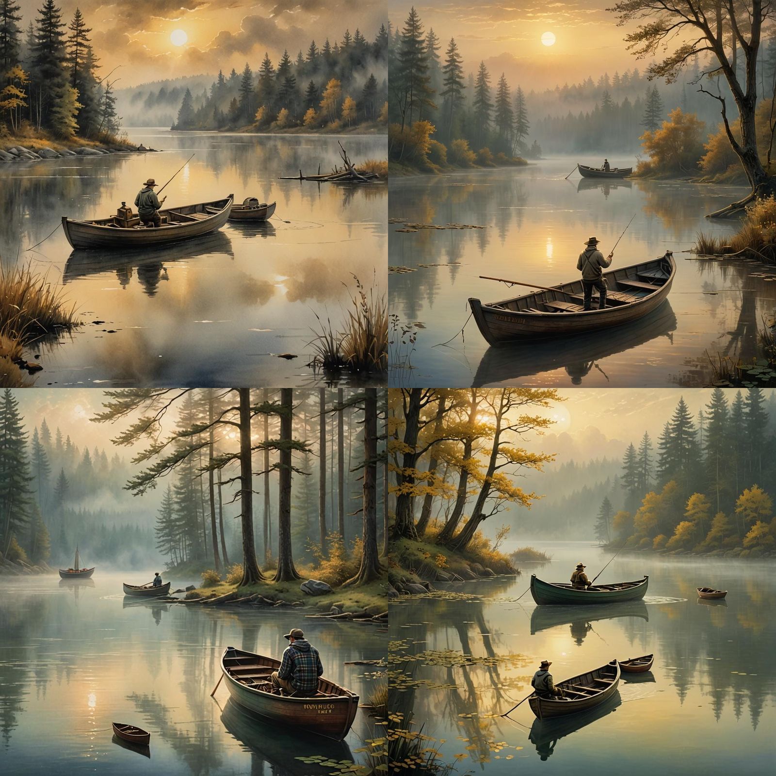 Man Fishing at Dawn: Mixed Media Illustration