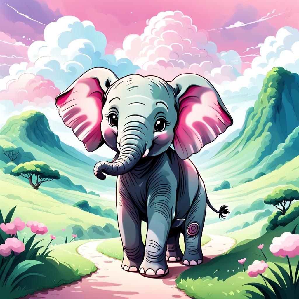 Chibi Anime: Baby Elephant and Mother on Path