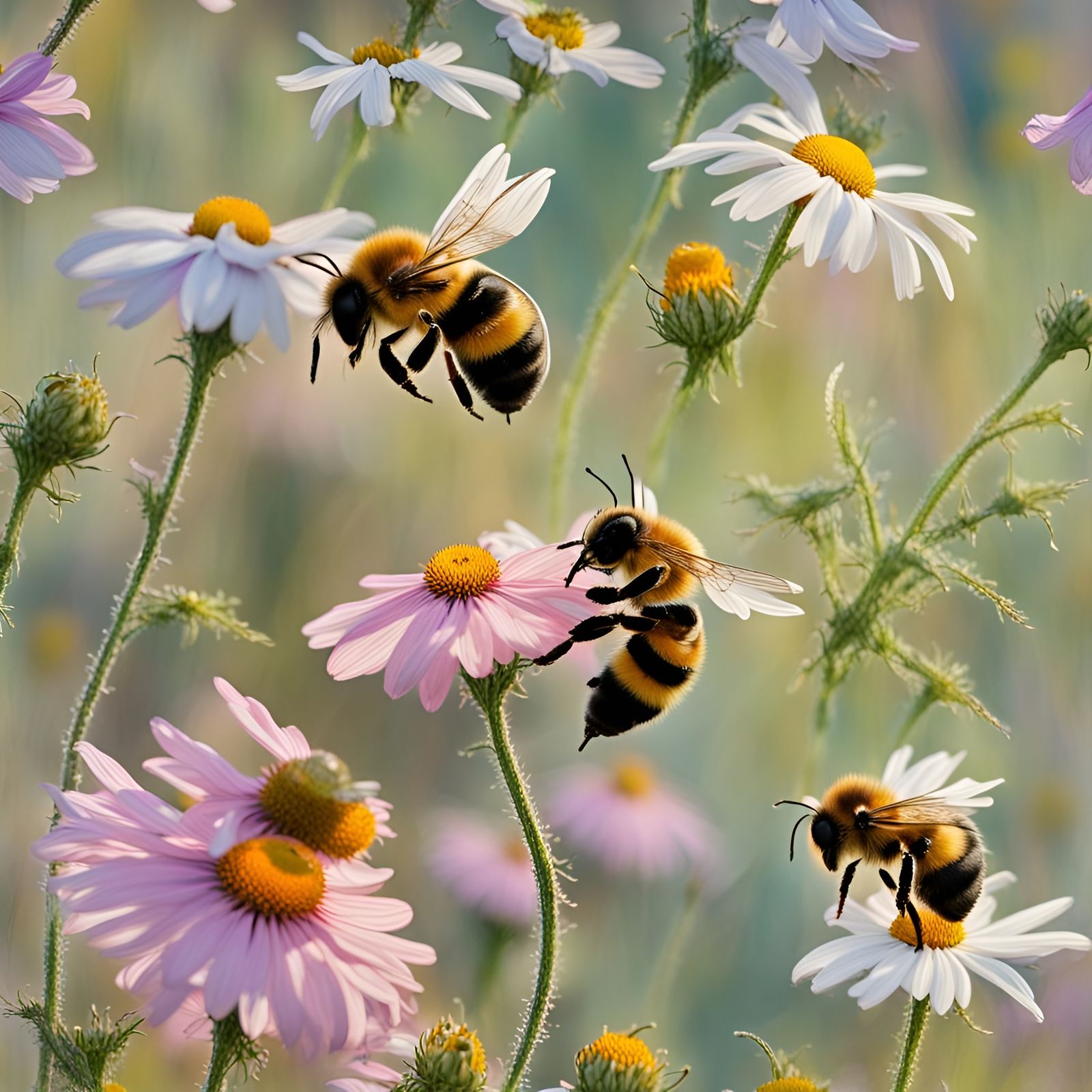 Bees Playing in a Flower Field: Impressionist Style