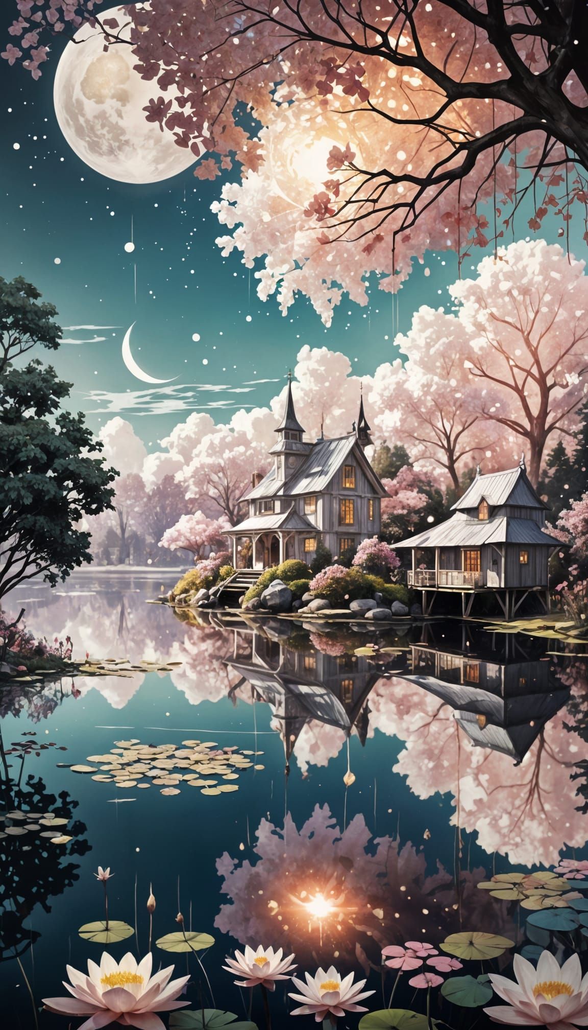 Enchanted Boathouse on Lake at Sunset