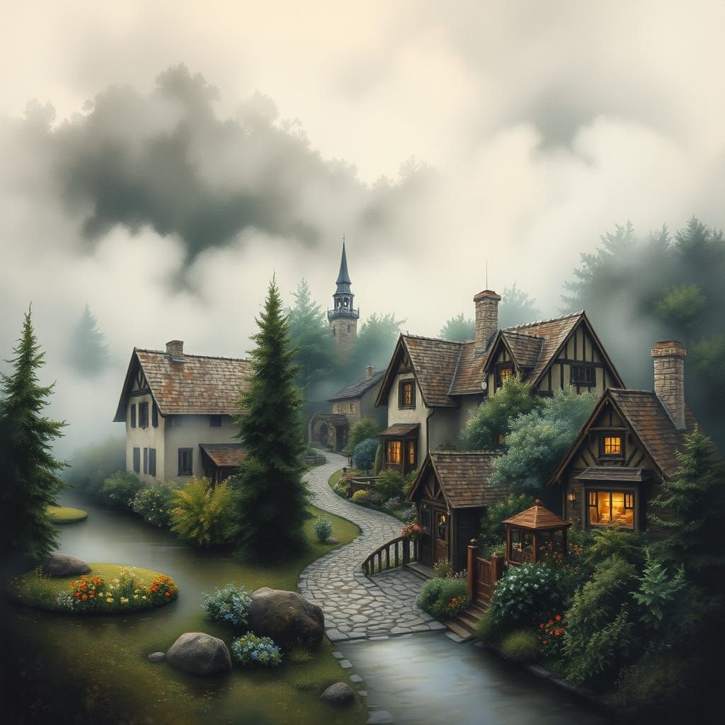 Ethereal Village in Mist: Charcoal and Gouache Drawing