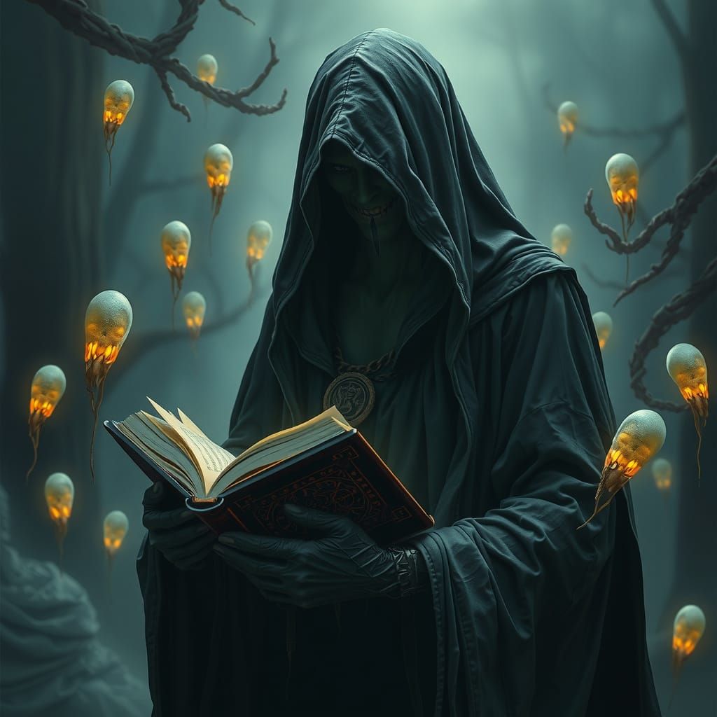Mystical Figure with Ancient Book in Ethereal Setting